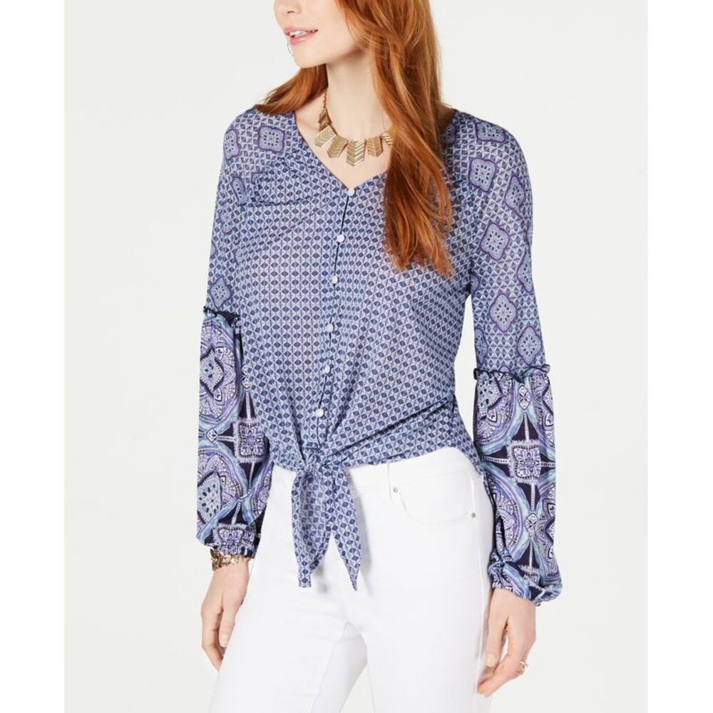 Style & Co Mixed Print Tie Front Button Up Top